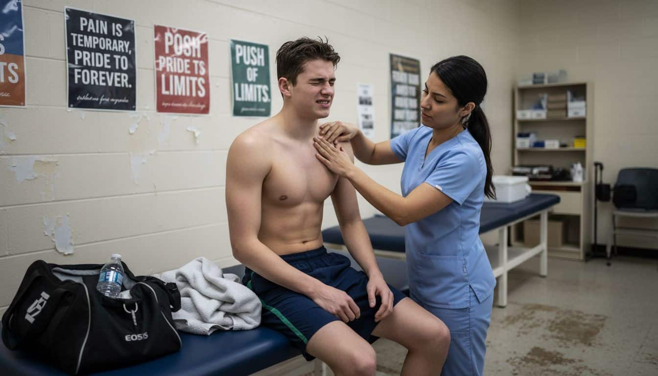 Athlete with trainer examining shoulder pain