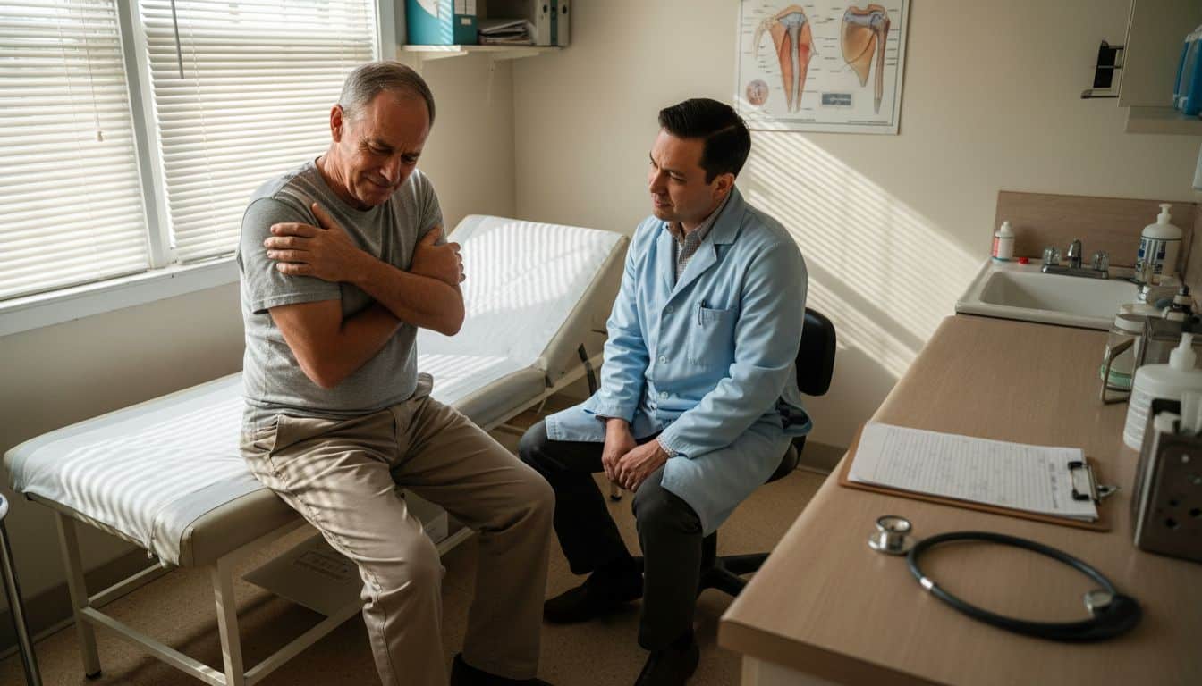 Doctor examining patient with shoulder pain