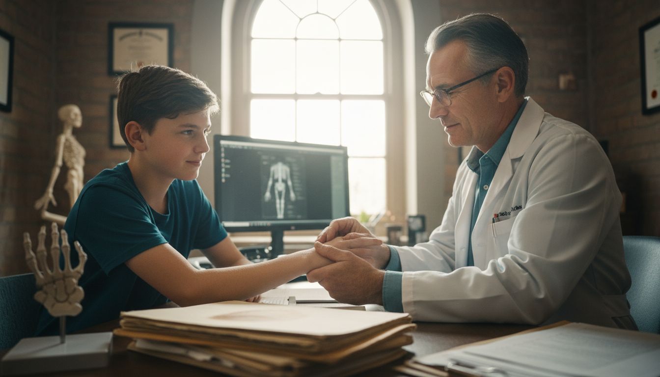 Doctor examining patient wrist in clinic