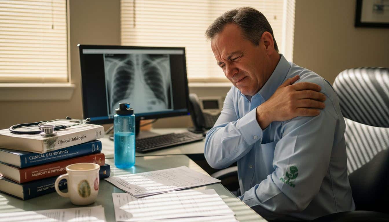 Man holding shoulder in office clinic