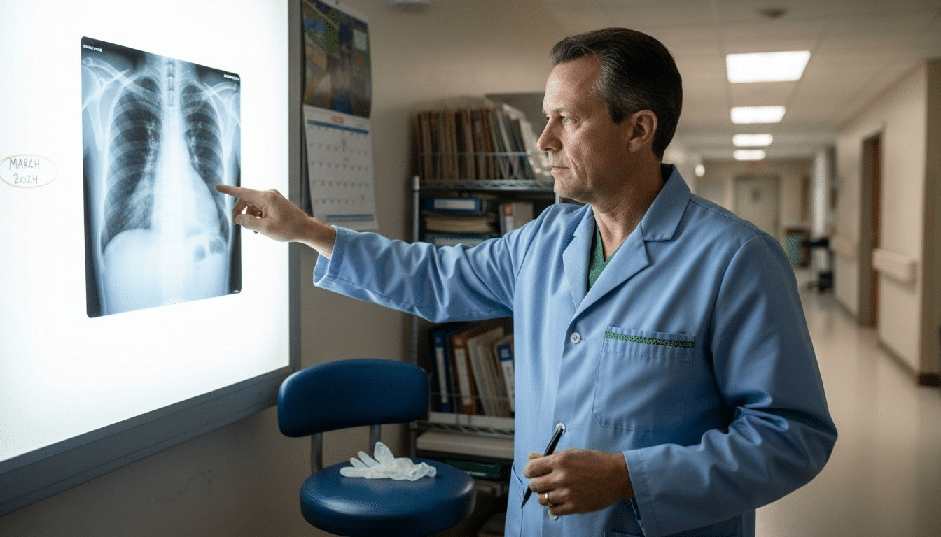 Doctor reviewing shoulder X-ray in radiology room