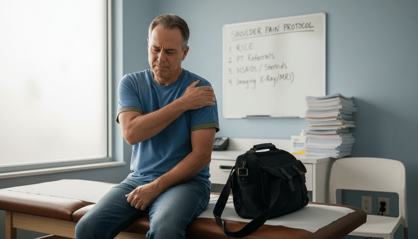 Patient with shoulder pain in orthopedic clinic
