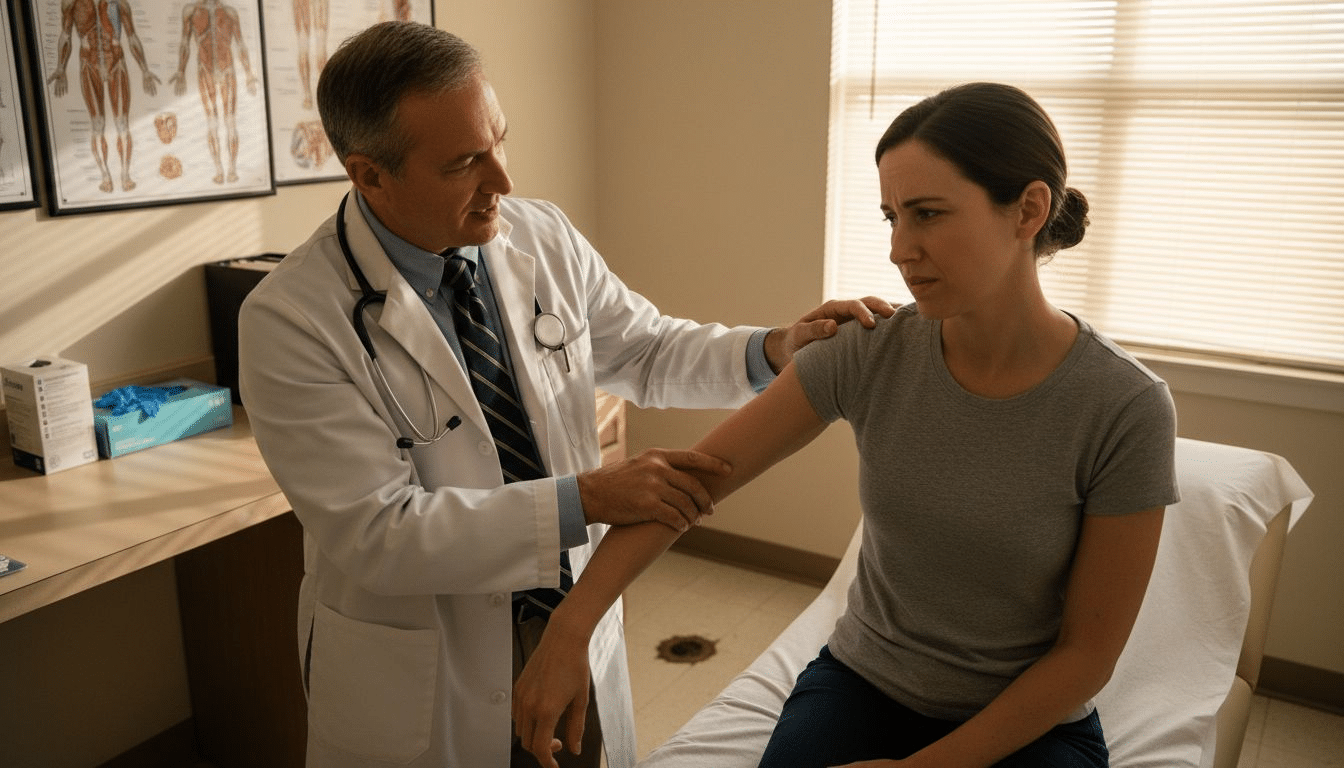 Doctor examining patient’s elbow and shoulder